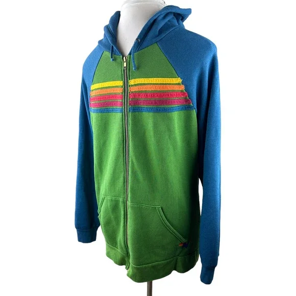 *Rare* Aviator Nation 5 Stripe Hoodie Full Zip Colorblock Jacket Green Blue XXL - Picture 4 of 15